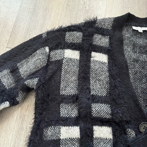Equipment Plaid Oversized Button Cardigan Cisse Fuzzy Textured Black and White - Picture 5 of 11